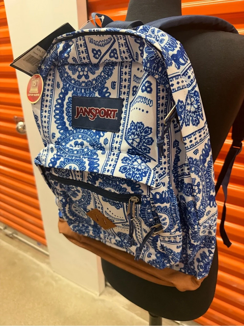 NWT JanSport City View Blue & White Patterned Backpack with Tan Accents